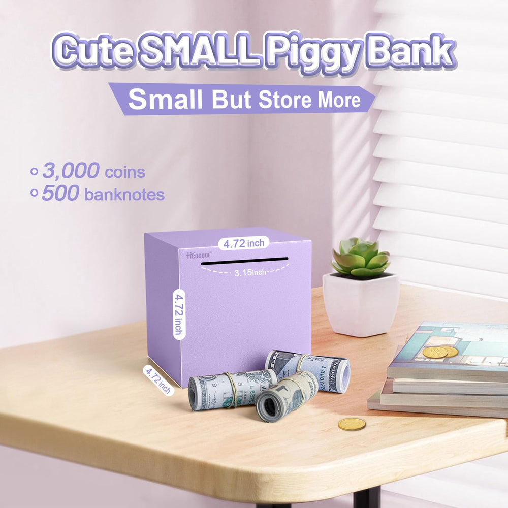Hicocool piggy bank features a purple glitter finish for stylish savings.