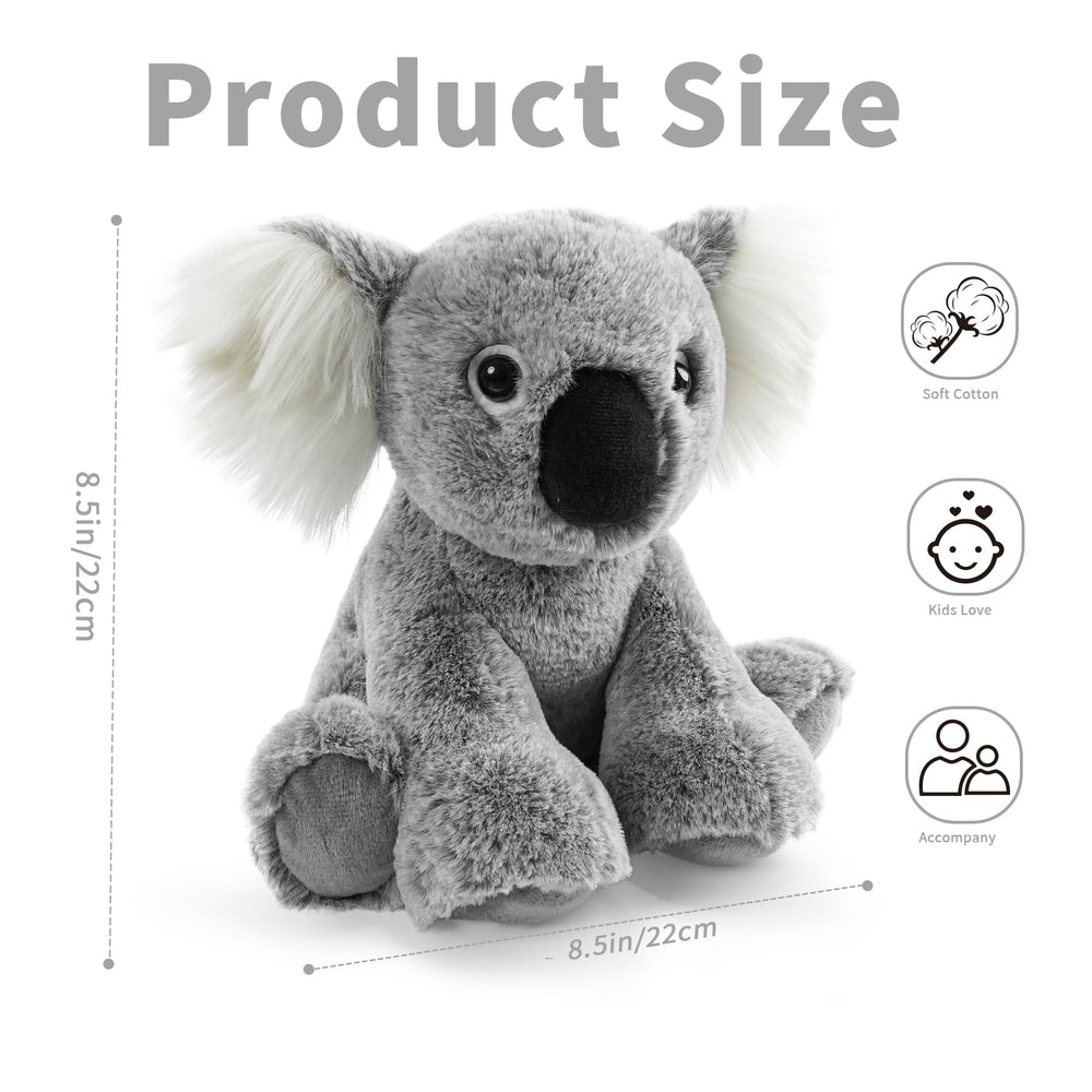 Hideekoog Koala plush features soft long-hair fabric for skin-friendly play.