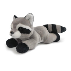 Hideekoog raccoon stuffed animal lying down for cozy cuddles and calm playtime.