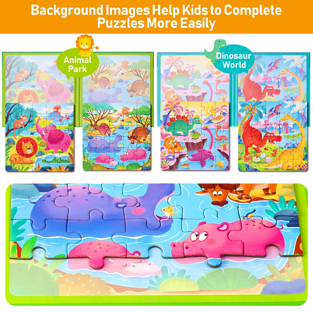 Hieoby bright color illustrations stimulate recognition of animals and dinosaurs.