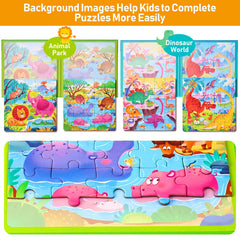 Hieoby bright color illustrations stimulate recognition of animals and dinosaurs.