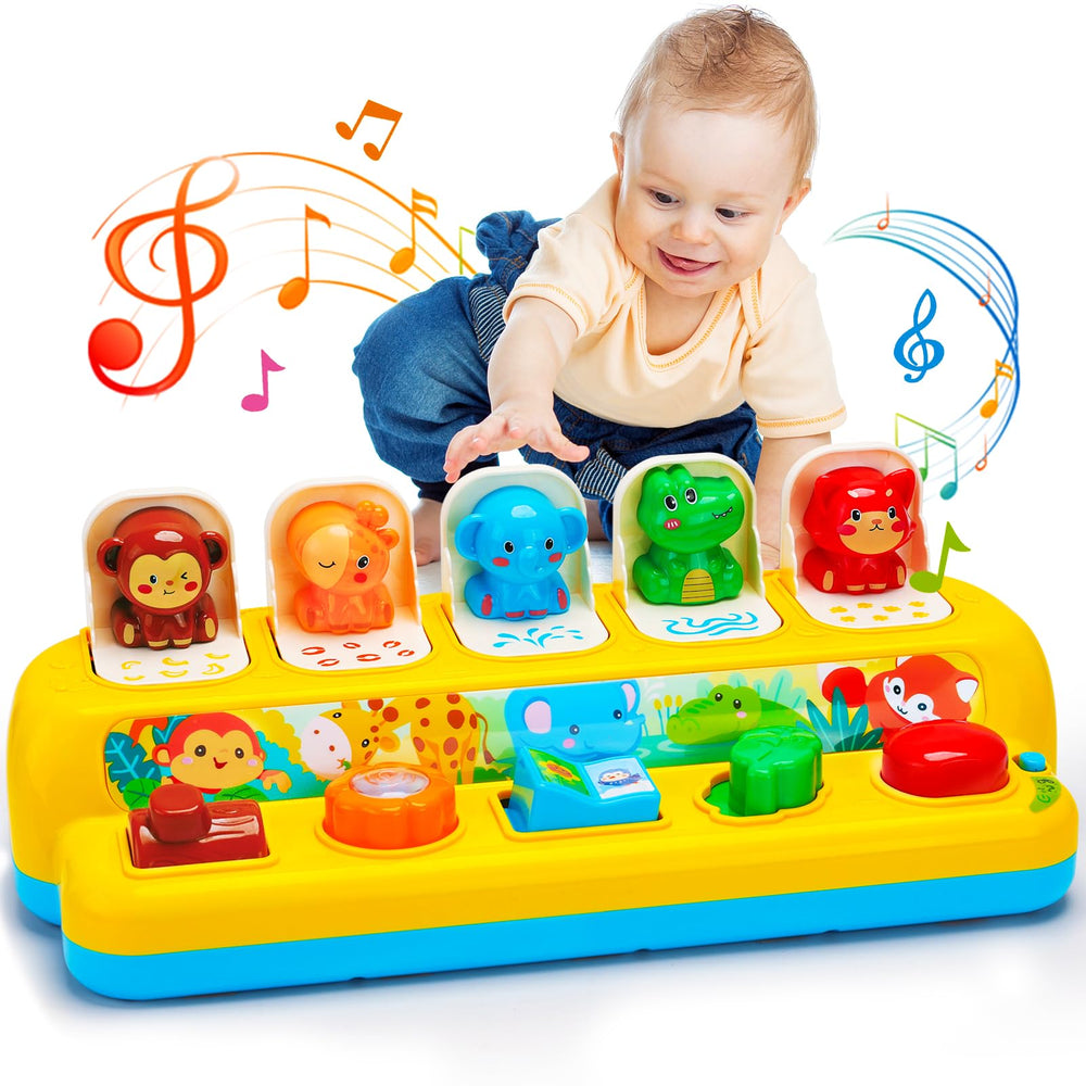 Hieoby interactive pop up animal toy with push button engages fine motor skills.