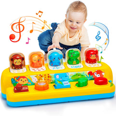 Hieoby interactive pop up animal toy with push button engages fine motor skills.