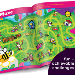 Highlights for Children Amazing Mazes page with a kid solving a maze to boost visual tracking.