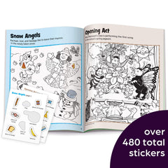 Highlights Hidden Pictures Sticker Fun open pages show stickers and color scenes for on the go play.