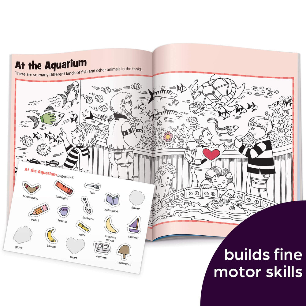 Highlights Hidden Pictures Sticker Fun stickers spread invites tactile exploration and fine motor practice.