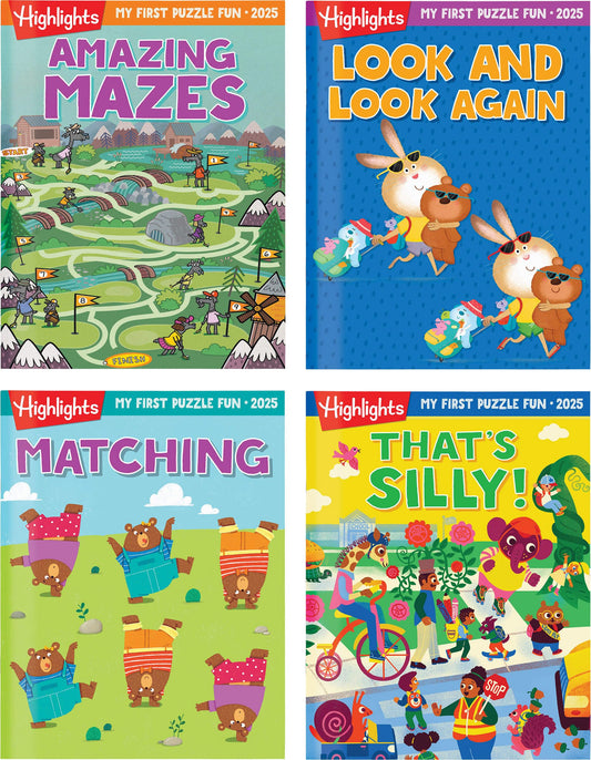 Highlights My First Puzzle Fun four-book set cover image showing travel-friendly design for kids