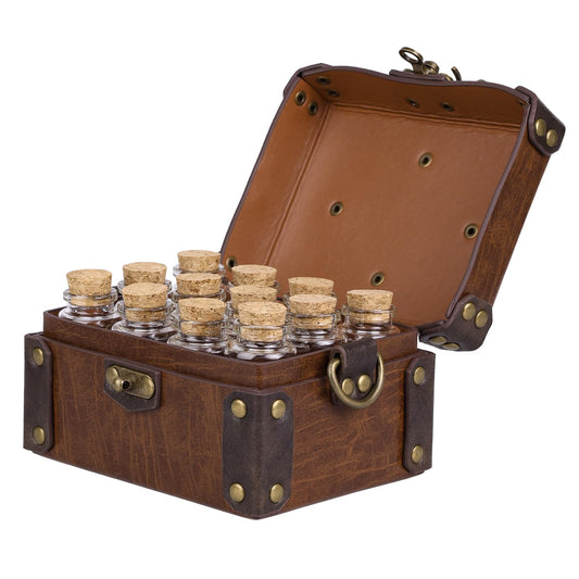 HiiFeuer medieval alchemy box front view with 12 cork vials for LARP props