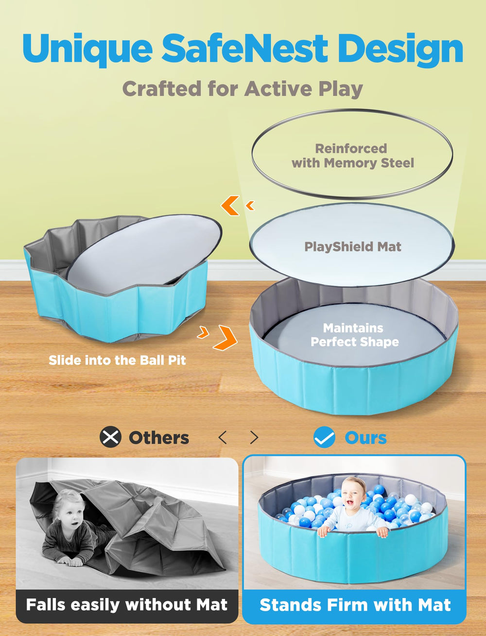 Hikiddy ball pit folded into portable storage bag for travel