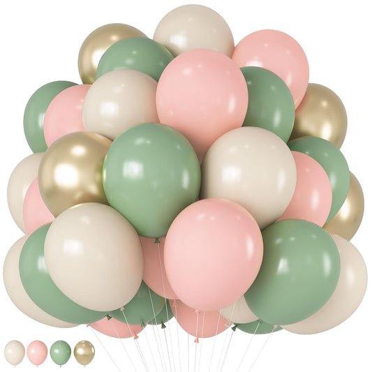 HILAVO sage green and pastel pink balloons ready for baby-in-bloom wall display