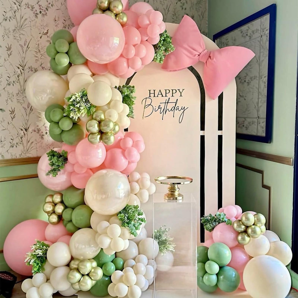 HILAVO pastel pink and sage green balloons for soft, boutique party vibes