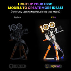 Hilighting LED kit installed on LEGO 43230 camera with vivid illumination.