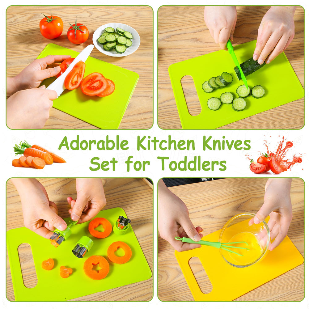Hirger cutting boards, peeler, and molds for real cooking practice.