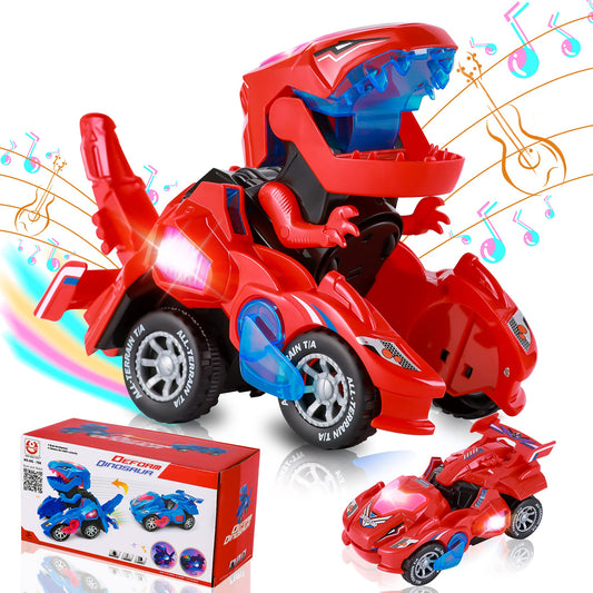 Hirger transforming dinosaur car toy front view with LED lights engages toddlers during playtime