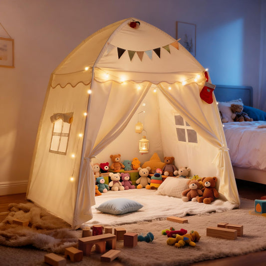 Hiromeco large kids play tent with padded mat and lights creates a cozy reading nook and play space.