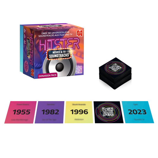 Hitster film and series soundtracks card set with 154 tracks for nostalgic trivia nights.