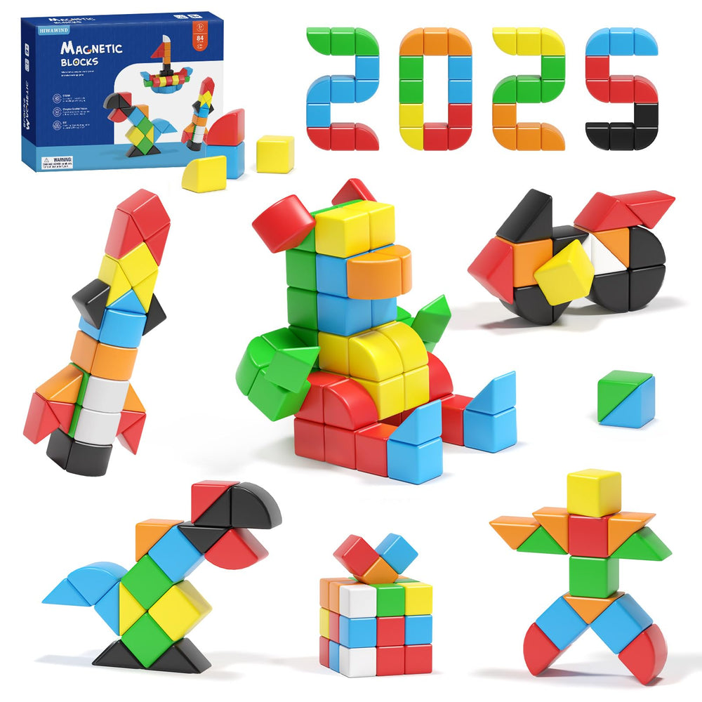 Hiwawind 84-piece magnetic blocks colorfully arranged for creative building and geometry basics