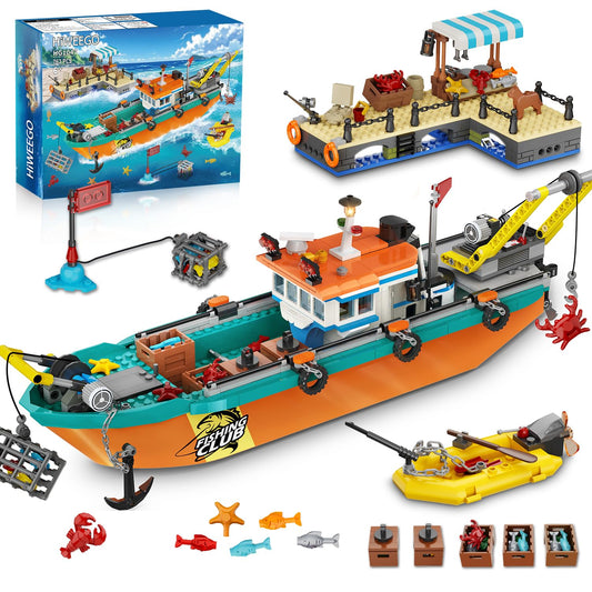 HiWEEGO City Fishing Boat Wharf Set: floating boat for imaginative ocean play and storytelling