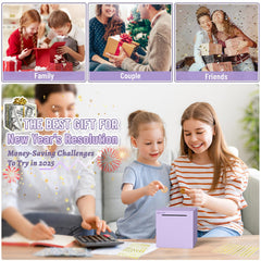 Hizgo purple piggy bank in use for kids and adults to reach saving goals