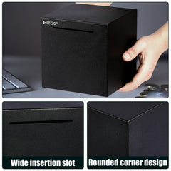 Hizgo piggy bank six-sided closure emphasizing secure saving sessions.