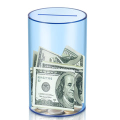 Hizgo small blue acrylic piggy bank front view showing clear savings potential