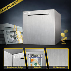 Hizgo piggy bank close-up shows textured stainless steel surface