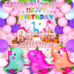 HJINGY dino backdrop with pink dinosaurs for a vibrant party scene.