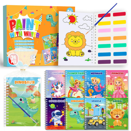 Hoarecal 24 watercolor books with dinosaurs for mess-free travel coloring
