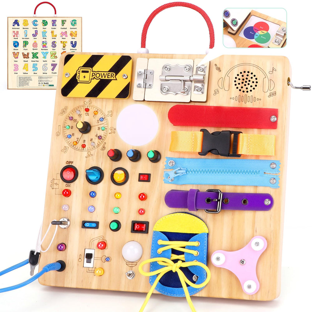 Hoarosall 23-in-1 Busy Board LED lights illuminate playful learning for toddlers.