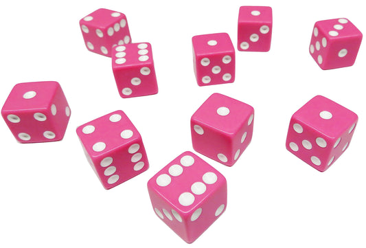 Hobby Monsters 10-piece pink 16mm dice set with white pips for tabletop play