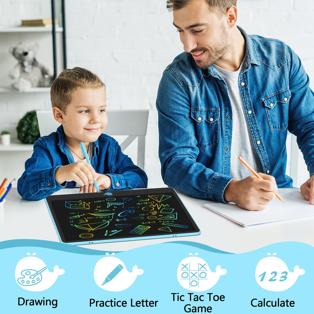 Hockvill stylus writing pen on blue LCD tablet enables precise lines for colorful doodles
