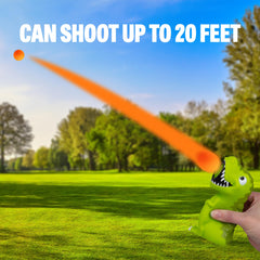 Hog Wild T-Rex Ball Popper Launcher in action shooting foam balls up to 20 feet.