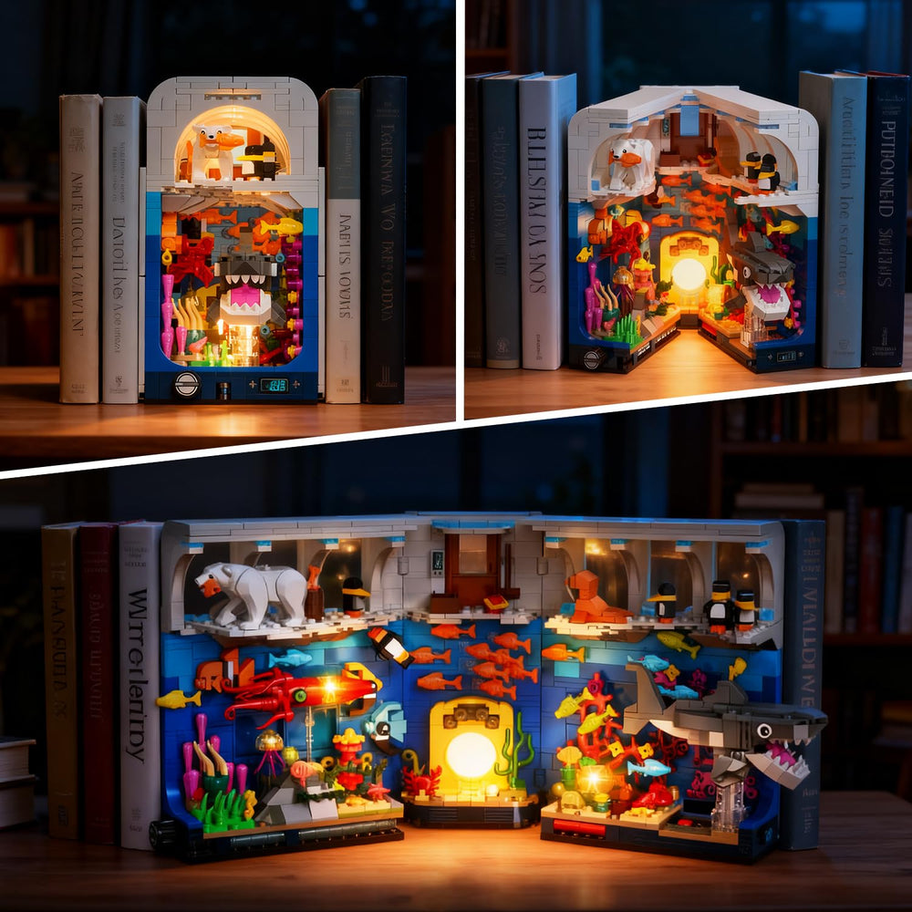 HOGOKIDS Aquarium Book Nook opened to reveal an underwater scene with lighted coral and fish.