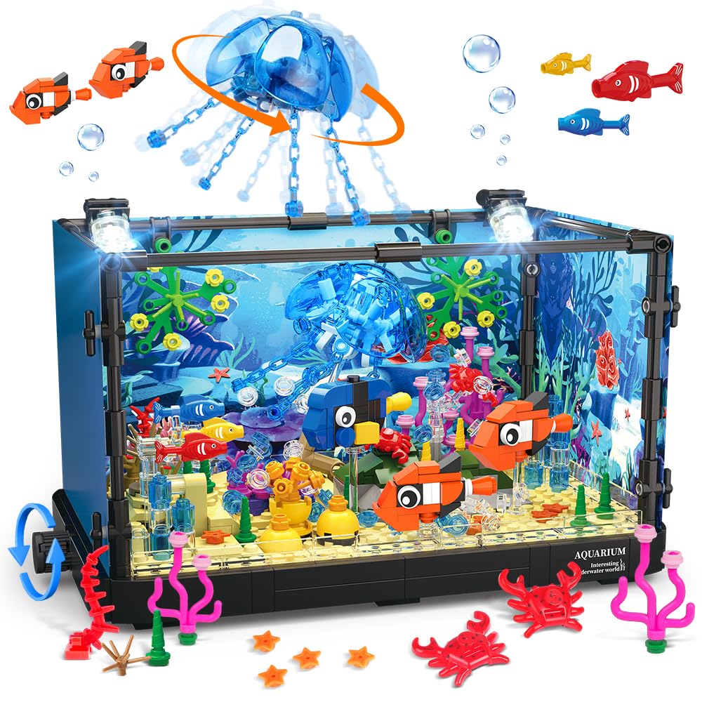 HOGOKIDS fish tank building set with LED light shows vibrant underwater scenery for imaginative play