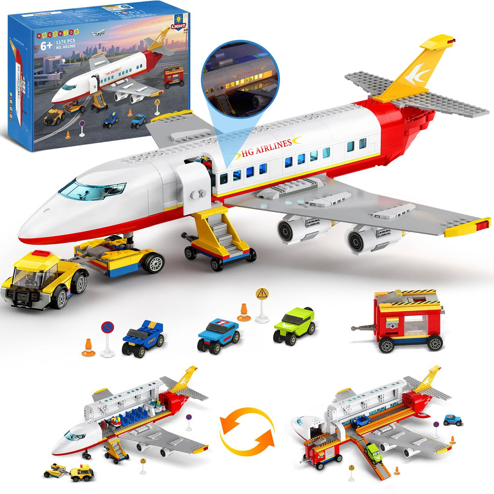 HOGOKIDS plane-building-set led cabin lights create cozy nighttime play scene.