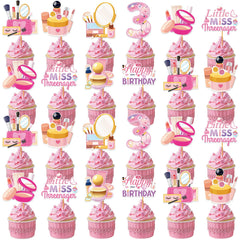 Hokinaa Little Miss Threenager cupcake topper in pink makeup theme for festive treats