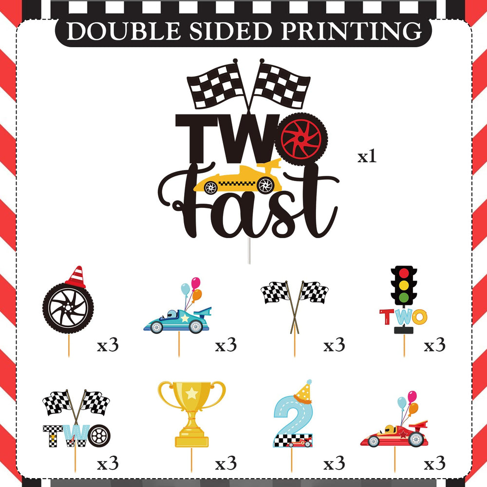 Hokinaa race car design topper features wheels and trophies.