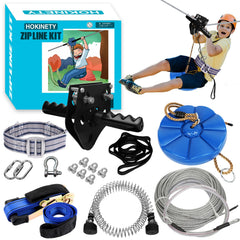 HOKINETY Zip Line Kit 100ft assembly in a sunny backyard for a sturdy setup