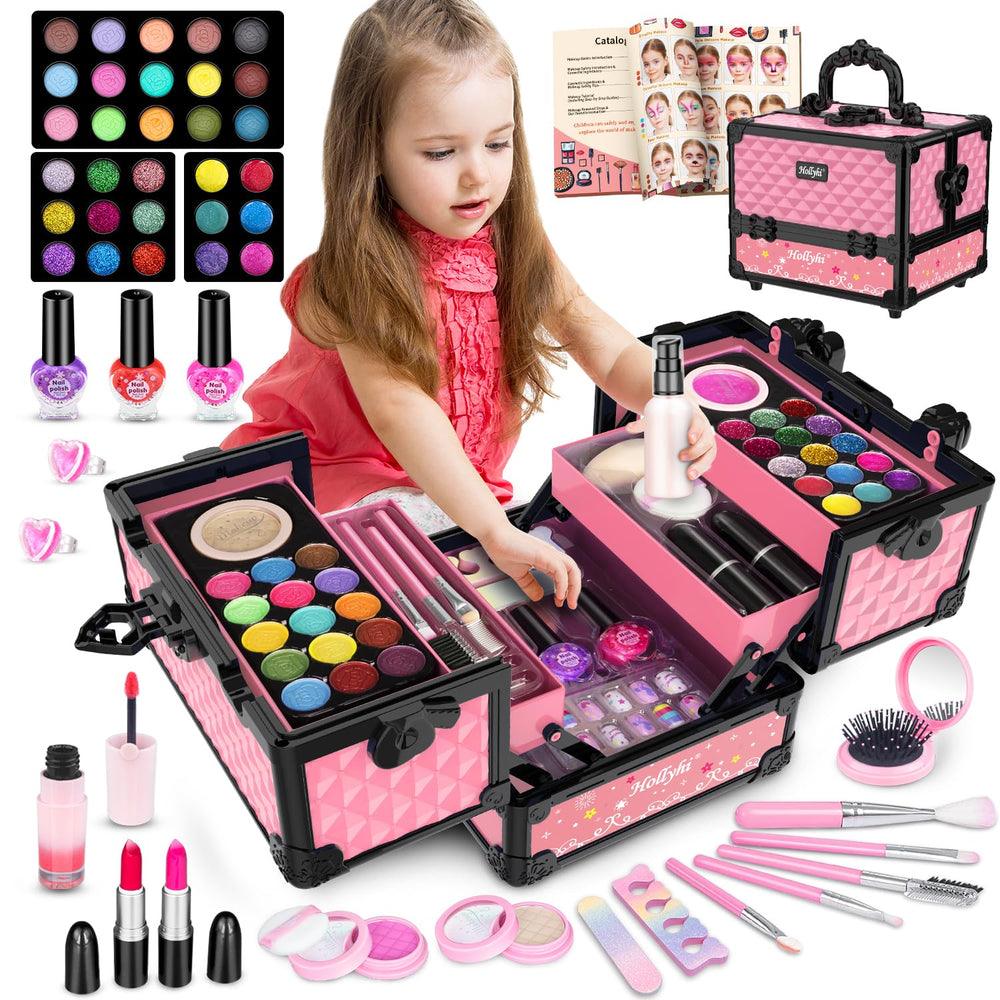 Hollyhi 59Pcs Kids Makeup Kit - front view shows pink dress-up set for imaginative play.
