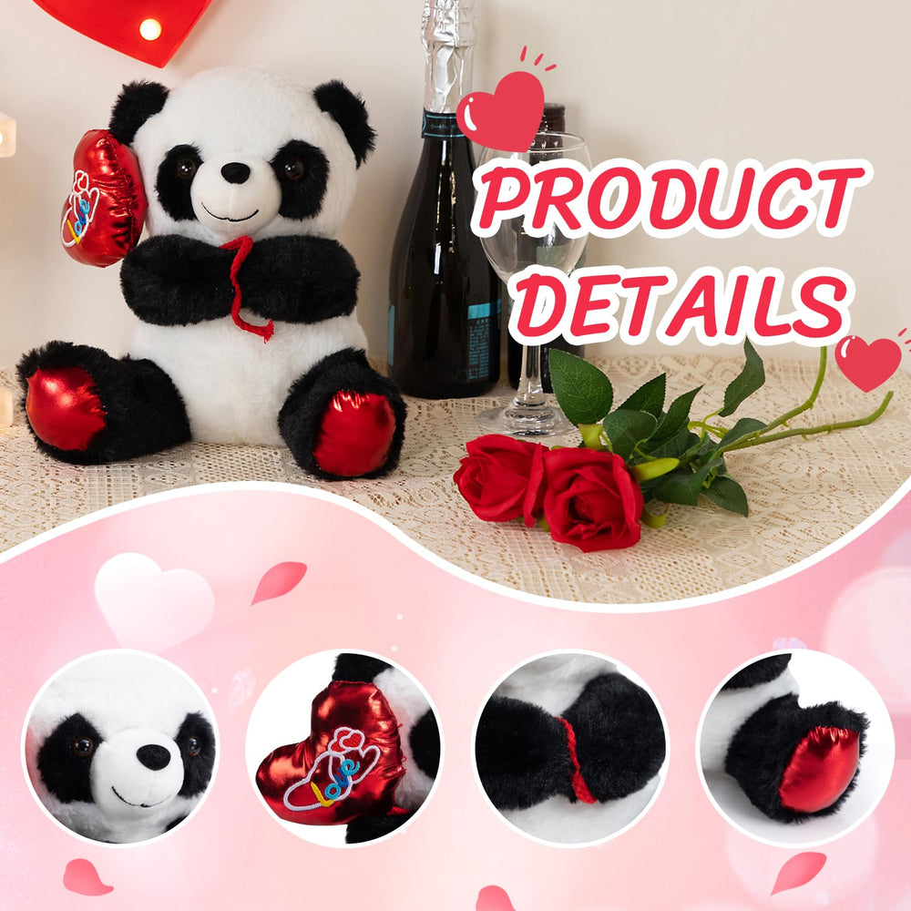 HollyHOME panda plush romantic design with red feet and heart balloon.