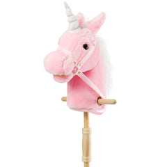 HollyHOME plush unicorn stick horse with wood wheels in pink for imaginative play