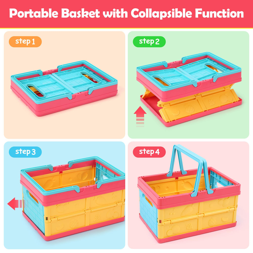 HOLYFUN collapsible storage basket keeps play food organized and portable.