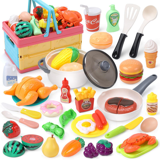 HOLYFUN play food basket full of items for pretend shopping and color recognition.