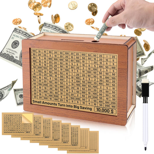 Homgaty money box front view highlights durable wooden build for reliable long-term savings.