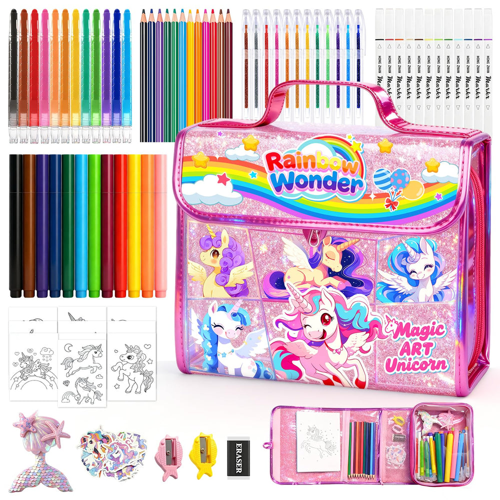 Homicozy unicorn-handbag-pencil-case keeps art supplies organized for travel.