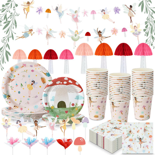 Honeydak fairy pull flags brighten walls for a fairy party backdrop.