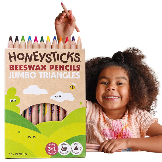 Honeysticks Jumbo Triangle Pencils pack cover with bright colors and safe beeswax core.