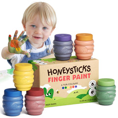 Honeysticks non-toxic finger paint pots show six colors for safe, imaginative play.