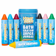 Honeysticks Super Jumbo Bath Crayons in box: easy grip and 7 color options for bath art.