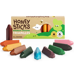 Honeysticks triangular crayons 10-pack in packaging, ideal for storage and gifting.